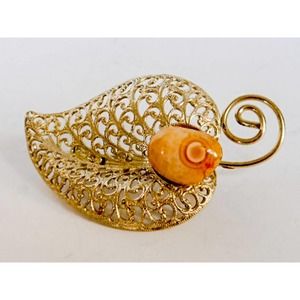 Vintage Silver Tone Filigree Leaf Pink Snail Pin Brooch